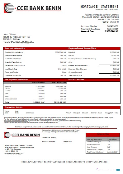Download Equatorial Guinea CCEI Bank Benin bank mortgage statement scr Photoshop template